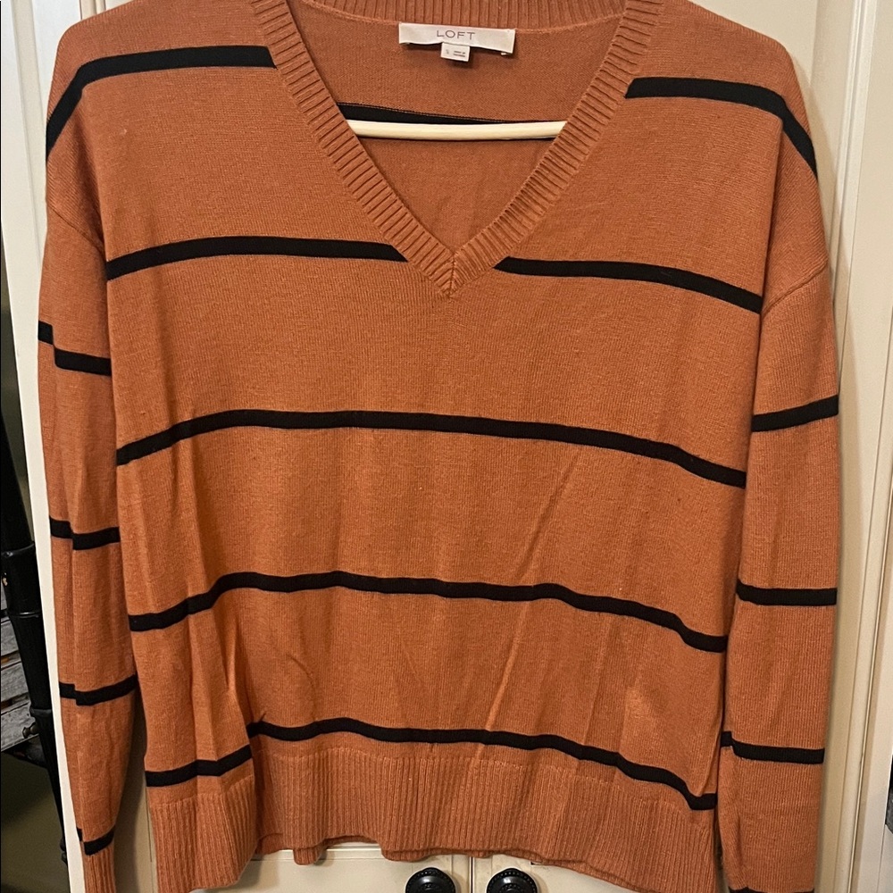 LOFT Caramel/Rust color V-Neck Sweater with Black Stripes